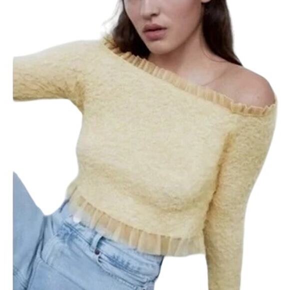 Zara Tops - NWT ~ ZARA Beige Lace Tulle Off Shoulders Tight Crop Knit Top ~ Women's SMALL